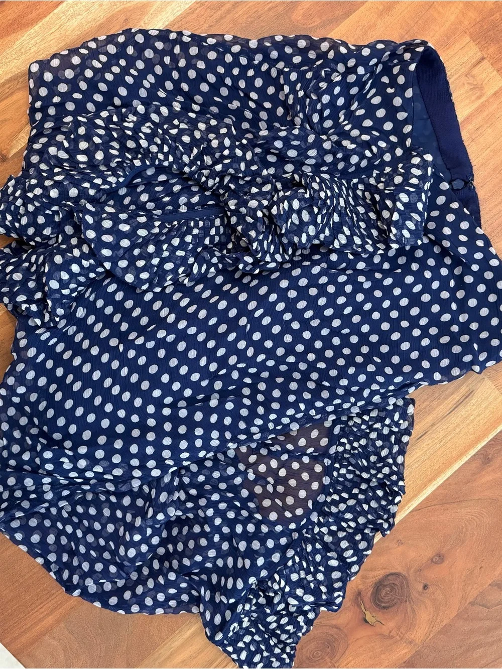 J. Crew Navy and White Polka Dot Skirt with Ruffle Detail